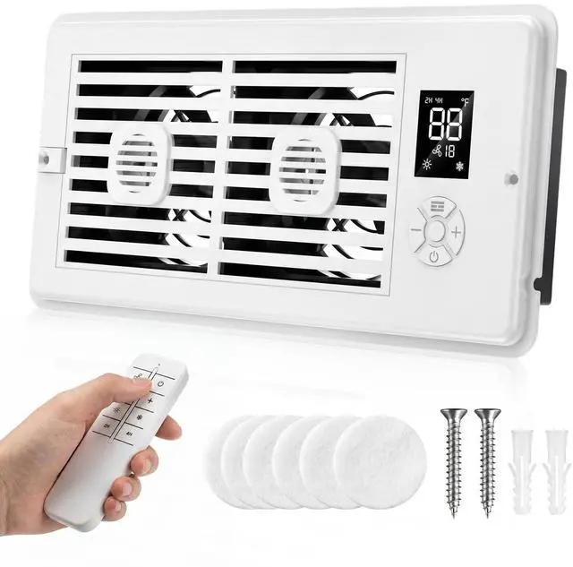 Main image of Register Booster Fan for 4 x 10 Vents, Remote Control, 3 Modes, 10 Speeds, Built-In Display, Fits Floor or Wall Registers, Removable Front Cover, Home HVAC Airflow Support - Off White