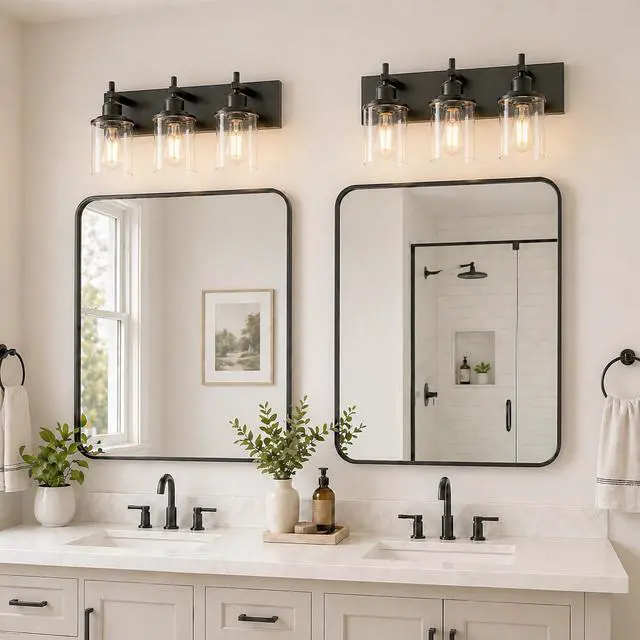 Alt view image 2 of 7 - 3-Light Black Bathroom Light Fixture Over Mirror Modern Farmhouse Bathroom Vanity Light Vintage Wall Lighting with Clear Glass Shade for Bathroom, Bedroom, Hallway, Cabinet