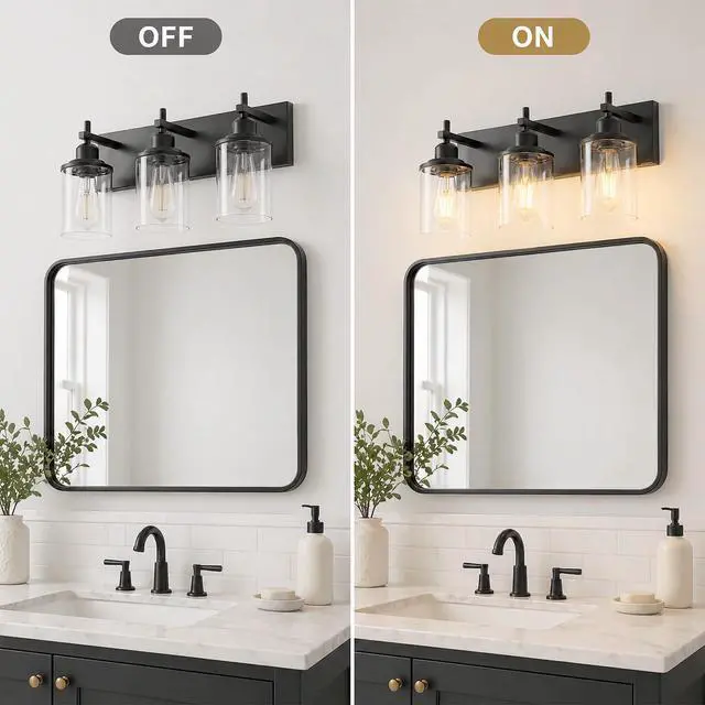 Alt view image 3 of 7 - 3-Light Black Bathroom Light Fixture Over Mirror Modern Farmhouse Bathroom Vanity Light Vintage Wall Lighting with Clear Glass Shade for Bathroom, Bedroom, Hallway, Cabinet