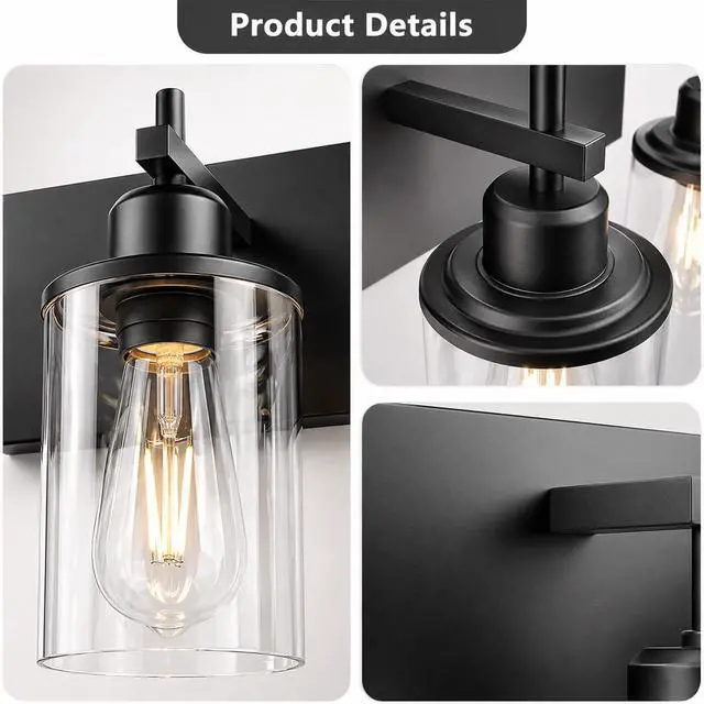 Alt view image 4 of 7 - 3-Light Black Bathroom Light Fixture Over Mirror Modern Farmhouse Bathroom Vanity Light Vintage Wall Lighting with Clear Glass Shade for Bathroom, Bedroom, Hallway, Cabinet