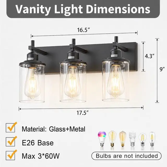 Alt view image 5 of 7 - 3-Light Black Bathroom Light Fixture Over Mirror Modern Farmhouse Bathroom Vanity Light Vintage Wall Lighting with Clear Glass Shade for Bathroom, Bedroom, Hallway, Cabinet