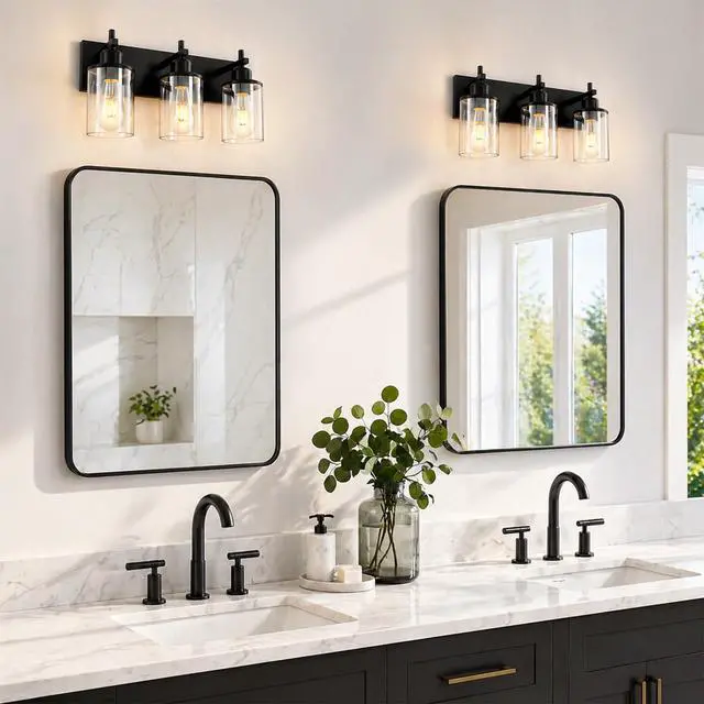 Alt view image 7 of 7 - 3-Light Black Bathroom Light Fixture Over Mirror Modern Farmhouse Bathroom Vanity Light Vintage Wall Lighting with Clear Glass Shade for Bathroom, Bedroom, Hallway, Cabinet