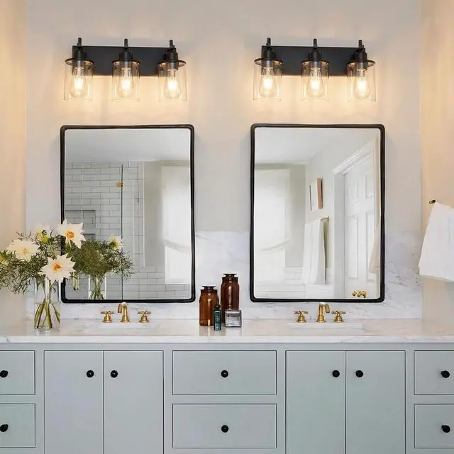 Alt view image 6 of 7 - 3-Light Black Bathroom Light Fixture Over Mirror Modern Farmhouse Bathroom Vanity Light Vintage Wall Lighting with Clear Glass Shade for Bathroom, Bedroom, Hallway, Cabinet
