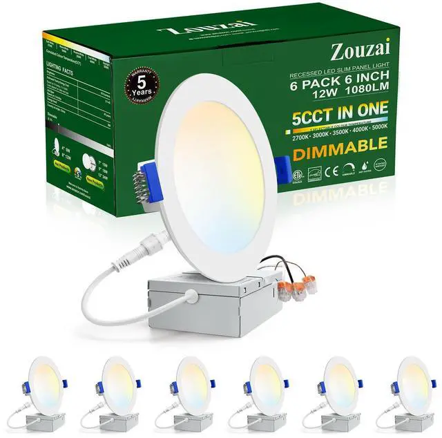 Main image of 6 Pack 6 Inch LED Recessed Ceiling Light, 5CCT, 1080LM, Dimmable | 2700K-5000K Selectable, 12W Eqv 110W, 120V, with Junction Box, Canless Wafer Downlight, White, Damp Location, ETL & IC Rated
