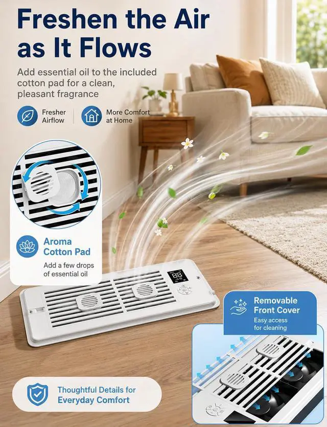 Alt view image 7 of 7 - Register Booster Fan for 4 x 10 Vents, Remote Control, 3 Modes, 10 Speeds, Built-In Display, Fits Floor or Wall Registers, Removable Front Cover, Home HVAC Airflow Support - Off White
