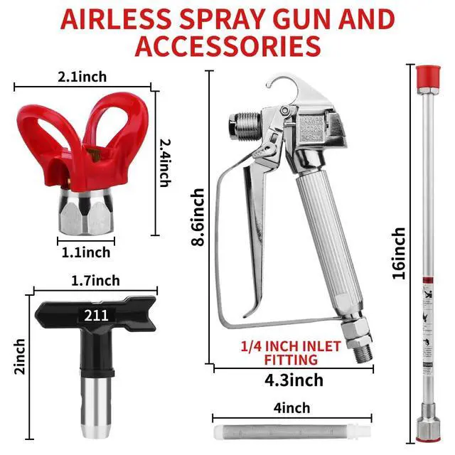 Alt view image 2 of 6 - 3600 PSI High Airless Paint Sprayer Gun with Nozzle Guard and with 5 Spray Nozzle Tips and 5 Airless Paint Sprayer Gun Filters and 16Inch(40CM) Spray Painted Extension Pole (211, 313, 415, 517, 623)