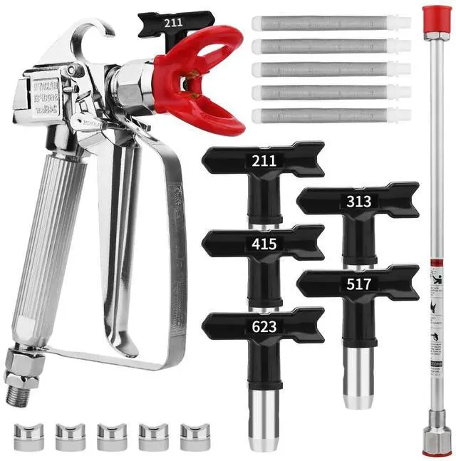 Main image of 3600 PSI High Airless Paint Sprayer Gun with Nozzle Guard and with 5 Spray Nozzle Tips and 5 Airless Paint Sprayer Gun Filters and 16Inch(40CM) Spray Painted Extension Pole (211, 313, 415, 517, 623)