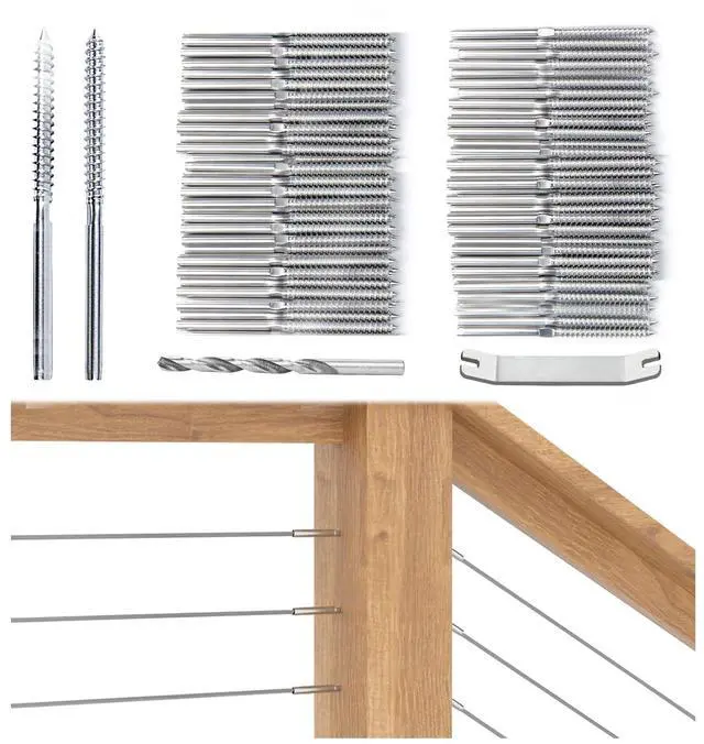 Main image of Cable Railing Hardware Swage Lag Screws CK17 100 Pack 1/8" Silver | 50 Pairs 1/8" Wood Cable Railing Hardware Kit for Deck and Stairs, Left & Right Handed Thread, T316 Stainless Steel Material