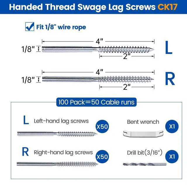 Alt view image 2 of 7 - Cable Railing Hardware Swage Lag Screws CK17 100 Pack 1/8" Silver | 50 Pairs 1/8" Wood Cable Railing Hardware Kit for Deck and Stairs, Left & Right Handed Thread, T316 Stainless Steel Material