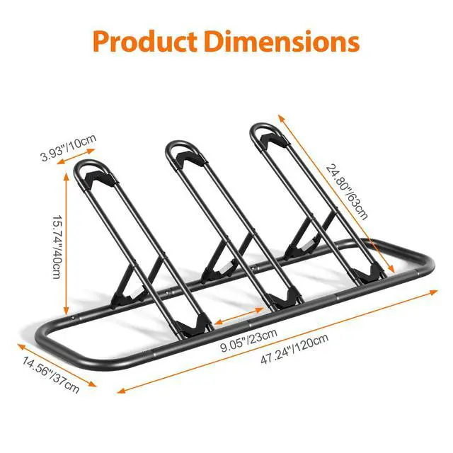 Alt view image 2 of 7 - Bike Rack, Floor Storage Stand for Garage, Indoor/Outdoor Parking Holder, Fits Mountain, Road & Kids Cycles (Black, 3-Slot)