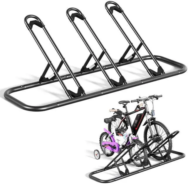 Main image of Bike Rack, Floor Storage Stand for Garage, Indoor/Outdoor Parking Holder, Fits Mountain, Road & Kids Cycles (Black, 3-Slot)