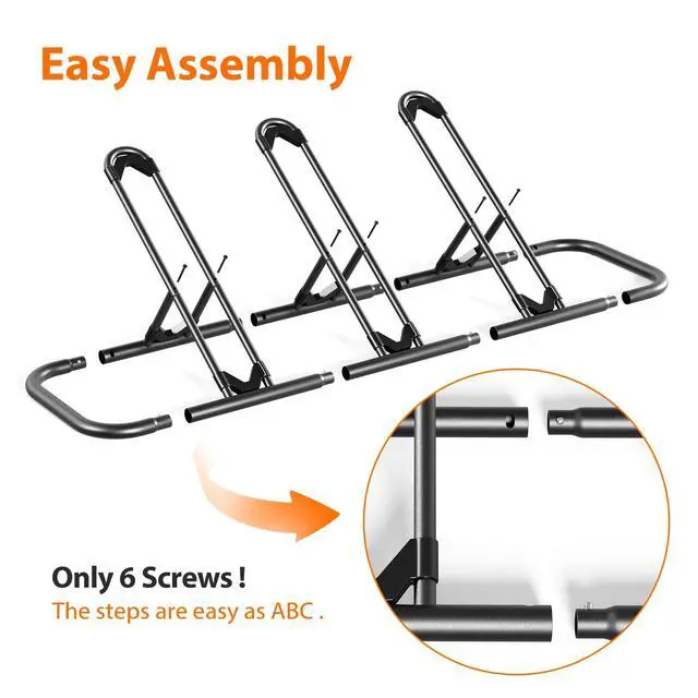 Alt view image 6 of 7 - Bike Rack, Floor Storage Stand for Garage, Indoor/Outdoor Parking Holder, Fits Mountain, Road & Kids Cycles (Black, 3-Slot)