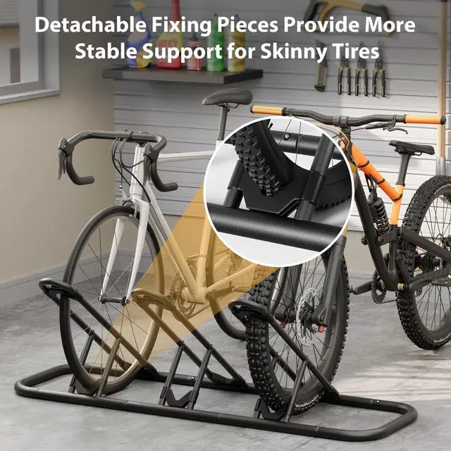 Alt view image 5 of 7 - Bike Rack, Floor Storage Stand for Garage, Indoor/Outdoor Parking Holder, Fits Mountain, Road & Kids Cycles (Black, 3-Slot)