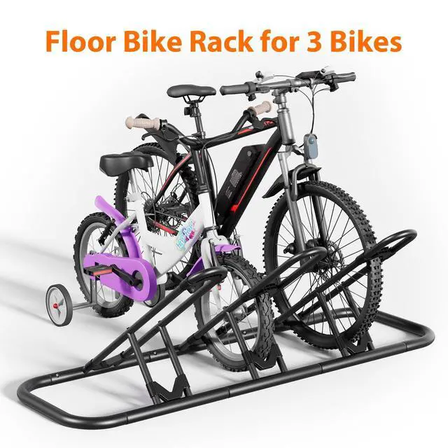 Alt view image 7 of 7 - Bike Rack, Floor Storage Stand for Garage, Indoor/Outdoor Parking Holder, Fits Mountain, Road & Kids Cycles (Black, 3-Slot)