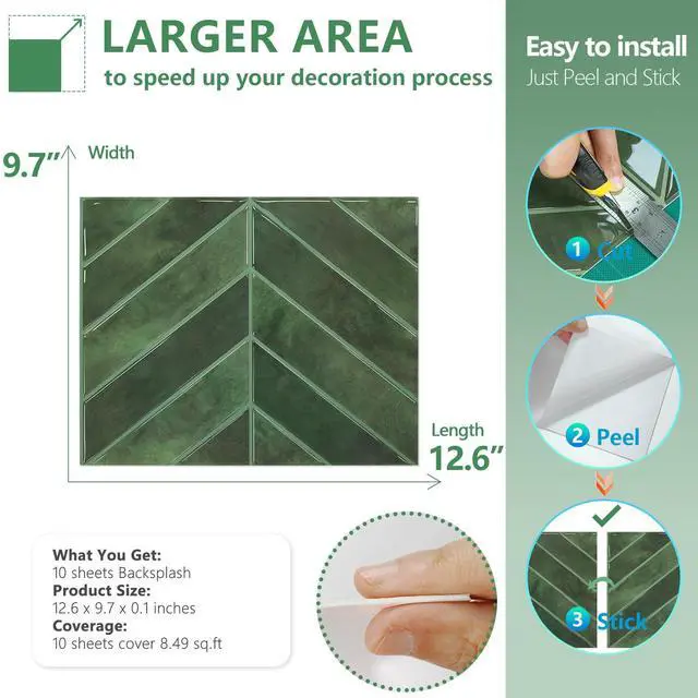 Alt view image 6 of 7 - 10 Sheets Thicker Herringbone Peel and Stick Backsplash, 12.6×9.7 Stick on Wall Tiles, Self Adhesive Tile Sticker for Kitchen Backsplash and Bathroom, Green