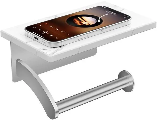 Main image of Toilet Paper Holder with Shelf, Natural Marble, Commercial | Brushed Nickel, Wall Mount 304 Stainless Steel Commercial Bathroom Tissue Roll Dispenser, Heavy Duty Washroom Paper Storage