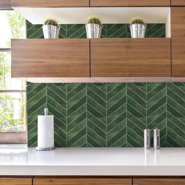 Alt view image 5 of 7 - 10 Sheets Thicker Herringbone Peel and Stick Backsplash, 12.6×9.7 Stick on Wall Tiles, Self Adhesive Tile Sticker for Kitchen Backsplash and Bathroom, Green