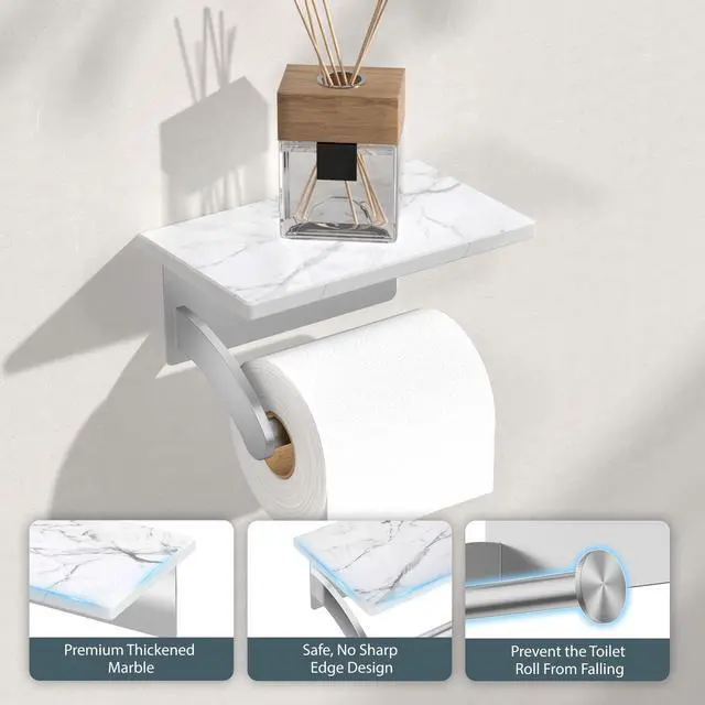 Alt view image 5 of 7 - Toilet Paper Holder with Shelf, Natural Marble, Commercial | Brushed Nickel, Wall Mount 304 Stainless Steel Commercial Bathroom Tissue Roll Dispenser, Heavy Duty Washroom Paper Storage