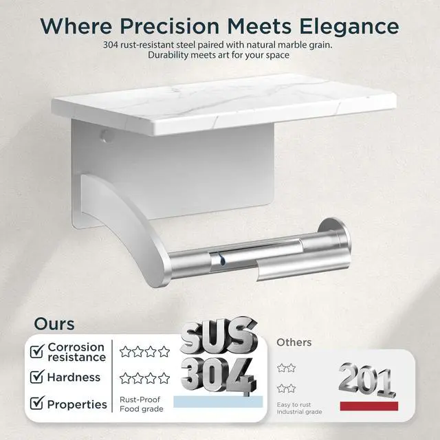 Alt view image 4 of 7 - Toilet Paper Holder with Shelf, Natural Marble, Commercial | Brushed Nickel, Wall Mount 304 Stainless Steel Commercial Bathroom Tissue Roll Dispenser, Heavy Duty Washroom Paper Storage