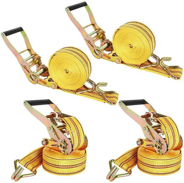 Main image of 4 Pack 2" x 20 ft Ratchet Straps with Double J Hooks, 8,000 lbs | High-Density Polyester Webbing and 8mm Steel Double J Hooks with Quick-Release Ratchets for Trucks and Trailers, Yellow