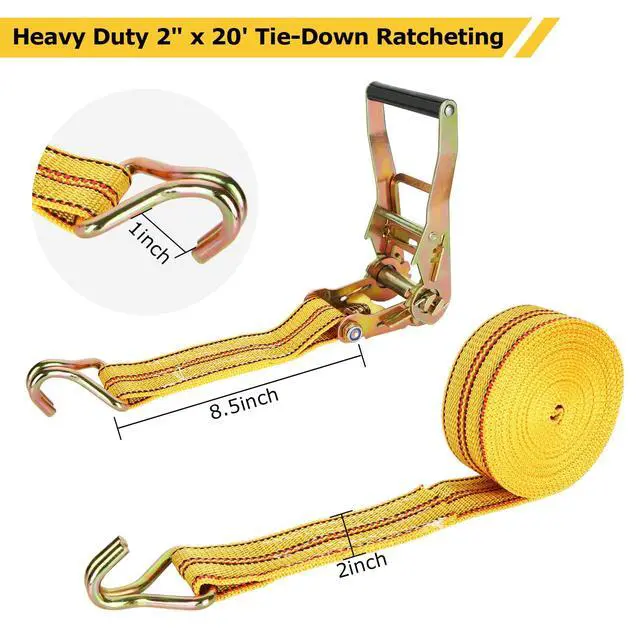 Alt view image 2 of 7 - 4 Pack 2" x 20 ft Ratchet Straps with Double J Hooks, 8,000 lbs | High-Density Polyester Webbing and 8mm Steel Double J Hooks with Quick-Release Ratchets for Trucks and Trailers, Yellow