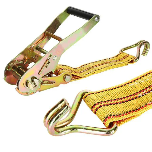 Alt view image 3 of 7 - 4 Pack 2" x 20 ft Ratchet Straps with Double J Hooks, 8,000 lbs | High-Density Polyester Webbing and 8mm Steel Double J Hooks with Quick-Release Ratchets for Trucks and Trailers, Yellow