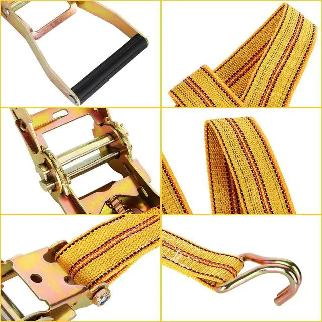 Alt view image 6 of 7 - 4 Pack 2" x 20 ft Ratchet Straps with Double J Hooks, 8,000 lbs | High-Density Polyester Webbing and 8mm Steel Double J Hooks with Quick-Release Ratchets for Trucks and Trailers, Yellow