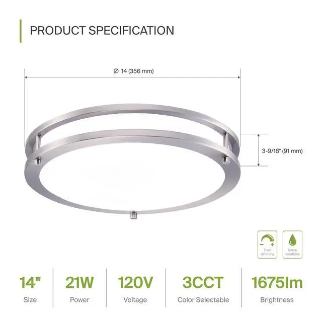 Alt view image 3 of 7 - LED 14" Round Flush Mount Lighting, Close to Ceiling Light Fixture | 3CCT, Dimmable, Energy Star, ETL Listed | 21W 1675LM 3000-5000K 120V | Low Profile Double Ring Lamp | Nickel