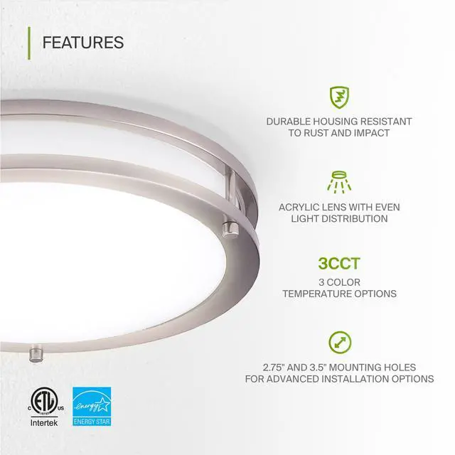 Alt view image 4 of 7 - LED 14" Round Flush Mount Lighting, Close to Ceiling Light Fixture | 3CCT, Dimmable, Energy Star, ETL Listed | 21W 1675LM 3000-5000K 120V | Low Profile Double Ring Lamp | Nickel