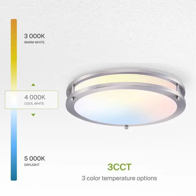 Alt view image 6 of 7 - LED 14" Round Flush Mount Lighting, Close to Ceiling Light Fixture | 3CCT, Dimmable, Energy Star, ETL Listed | 21W 1675LM 3000-5000K 120V | Low Profile Double Ring Lamp | Nickel