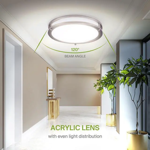 Alt view image 7 of 7 - LED 14" Round Flush Mount Lighting, Close to Ceiling Light Fixture | 3CCT, Dimmable, Energy Star, ETL Listed | 21W 1675LM 3000-5000K 120V | Low Profile Double Ring Lamp | Nickel