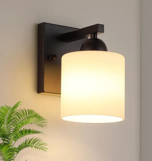 Main image of Matte Black Milk Glass Wall Sconces, 1 Pack Hardwired Indoor Wall Light Fixtures for Living Room, Hallway, Bedroom, Ceramic E26 Sockets (Bulbs Not Included)