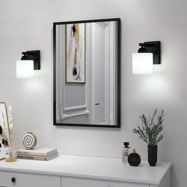 Alt view image 2 of 6 - Matte Black Milk Glass Wall Sconces, 1 Pack Hardwired Indoor Wall Light Fixtures for Living Room, Hallway, Bedroom, Ceramic E26 Sockets (Bulbs Not Included)