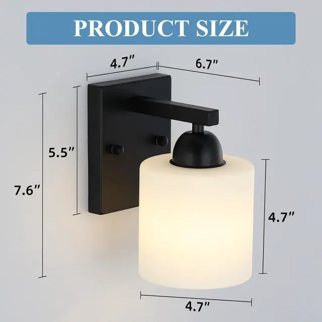Alt view image 4 of 6 - Matte Black Milk Glass Wall Sconces, 1 Pack Hardwired Indoor Wall Light Fixtures for Living Room, Hallway, Bedroom, Ceramic E26 Sockets (Bulbs Not Included)