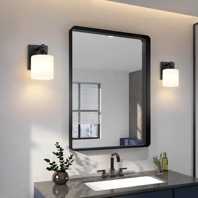 Alt view image 6 of 6 - Matte Black Milk Glass Wall Sconces, 1 Pack Hardwired Indoor Wall Light Fixtures for Living Room, Hallway, Bedroom, Ceramic E26 Sockets (Bulbs Not Included)
