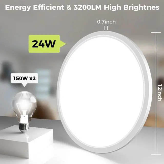 Alt view image 4 of 6 - 2Pack LED Flush Mount Ceiling Light Fixture, 12Inch 24W, Dimmable&3000K/3500K/4000K/5000K/6500K Adjustable Low Profile Ceiling Lights, White Round Flat Ceiling Light for Closet,Kitchen,Hallway