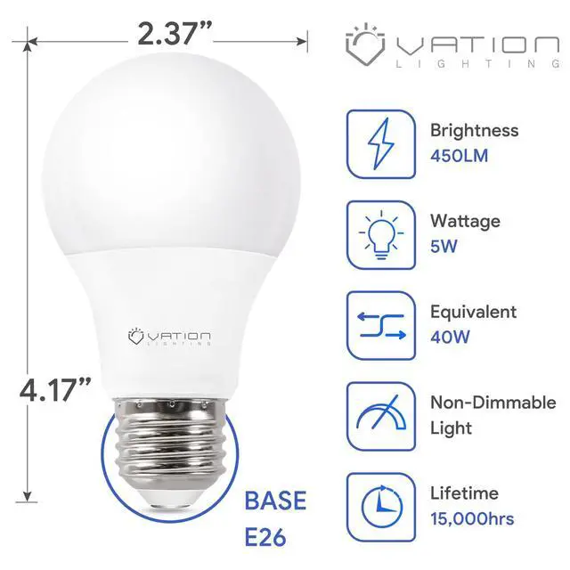 Alt view image 2 of 7 - 12 Pack A19 LED Light Bulbs, 40 Watt Light Bulbs Daylight 5000K, Non-Dim | E26 Medium Base, Efficient 5W, 450 Lumens LED Bulbs, ETL/UL Listed, Energy Efficient for Bedroom Home Office