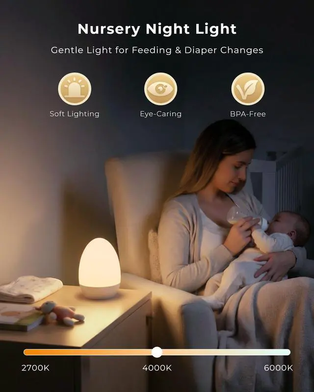 Alt view image 2 of 7 - Egg Light for Nursery, Eye-Caring Touch Control Rechargeable Baby Night Light with 17 Color Modes, Dimmable Night Feeding Egg Light for New Parents & Kids Bedroom
