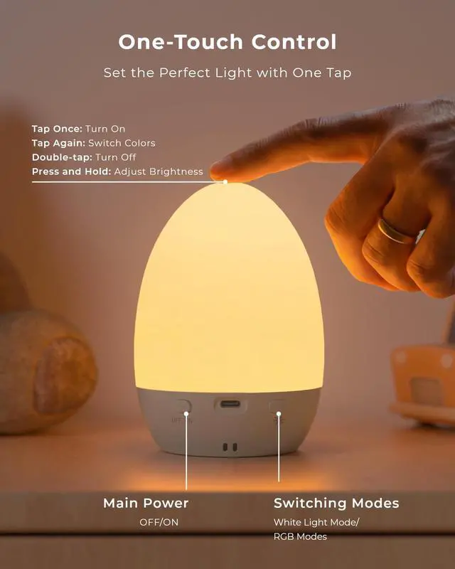 Alt view image 6 of 7 - Egg Light for Nursery, Eye-Caring Touch Control Rechargeable Baby Night Light with 17 Color Modes, Dimmable Night Feeding Egg Light for New Parents & Kids Bedroom