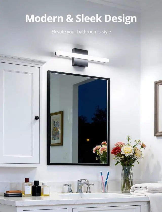Alt view image 3 of 7 - Black Bathroom Light Fixtures Over Mirror Lighting Gentle, 9W 16 Inch Modern LED Small Vanity Lamp Bar IP44 Slim Linear Bath Wall Sconces for Restroom Indoor Cool White 6000K