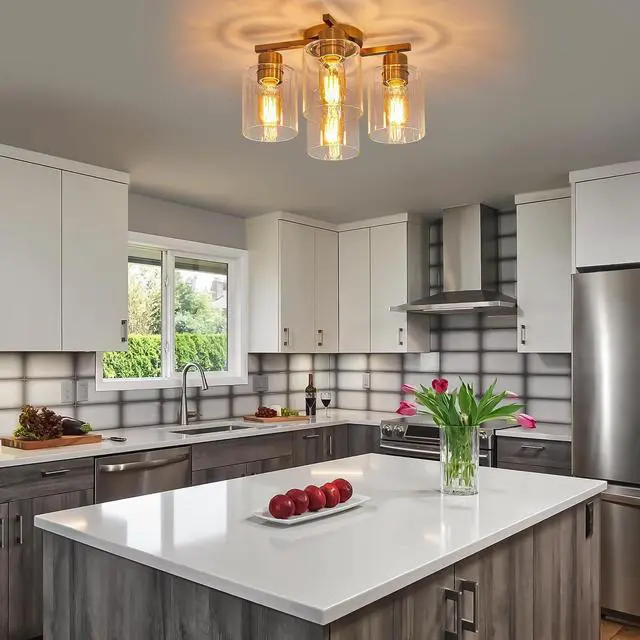 Alt view image 3 of 7 - Semi Flush Mount Ceiling Light Kitchen Lighting Fixtures Ceiling Brushed Nickel Kitchen Cieling Light Fixtures with Clear Glass Shade for Dining Room Bedroom Living Room Hallway E26 Scoket