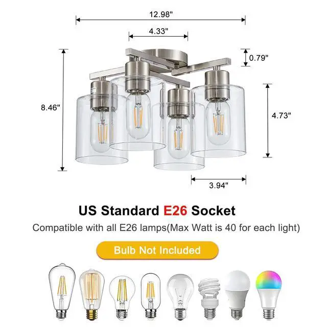 Alt view image 4 of 7 - Semi Flush Mount Ceiling Light Kitchen Lighting Fixtures Ceiling Brushed Nickel Kitchen Cieling Light Fixtures with Clear Glass Shade for Dining Room Bedroom Living Room Hallway E26 Scoket