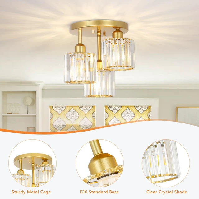 Alt view image 3 of 7 - Modern Semi Flush Mount Ceiling Light,3-Light Golden Crystal Close to Ceiling Light Fixtures,Kitchen Light Fixtures with Clear Crystal Shade,Hallway Light Fixtures for Hallway Bedroom Bathroom