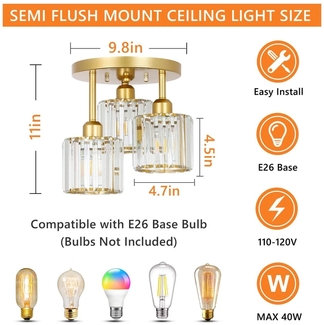 Alt view image 6 of 7 - Modern Semi Flush Mount Ceiling Light,3-Light Golden Crystal Close to Ceiling Light Fixtures,Kitchen Light Fixtures with Clear Crystal Shade,Hallway Light Fixtures for Hallway Bedroom Bathroom