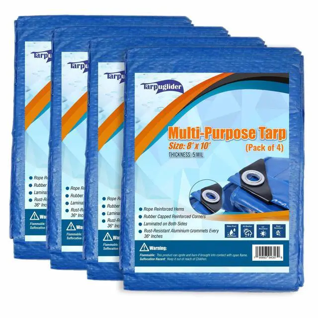 Main image of Blue Tarp Pack of 4 Tarps Heavy Duty waterproof 8x10 Large Multipurpose Poly Outdoor Tarps Cover 5 Mil Thickness Blue Tarpaulin Reinforced Rip Resistant Rubber Edges With Aluminum Grommets
