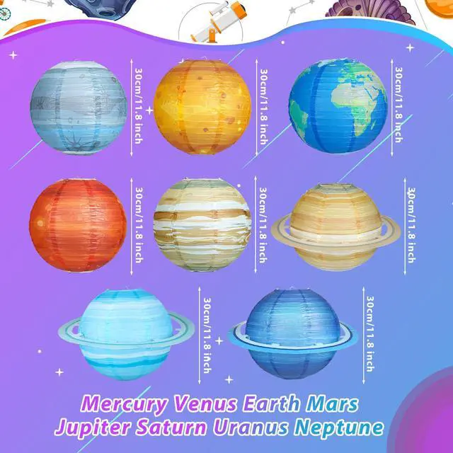Alt view image 2 of 7 - 8pcs Planet Paper Lanterns, 12 Inch Outer Space Party Decorations | Solar System Hanging Planets Lantern, for Kids, Space Theme Party, Birthday Room Decorations