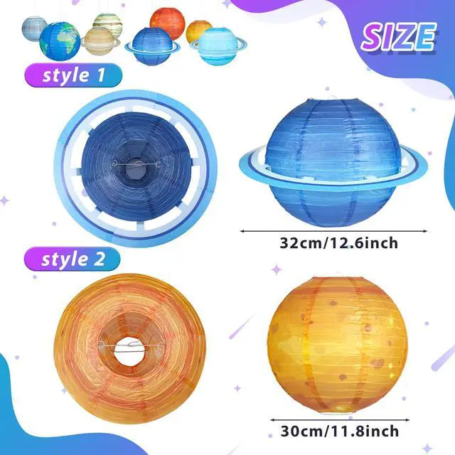 Alt view image 3 of 7 - 8pcs Planet Paper Lanterns, 12 Inch Outer Space Party Decorations | Solar System Hanging Planets Lantern, for Kids, Space Theme Party, Birthday Room Decorations