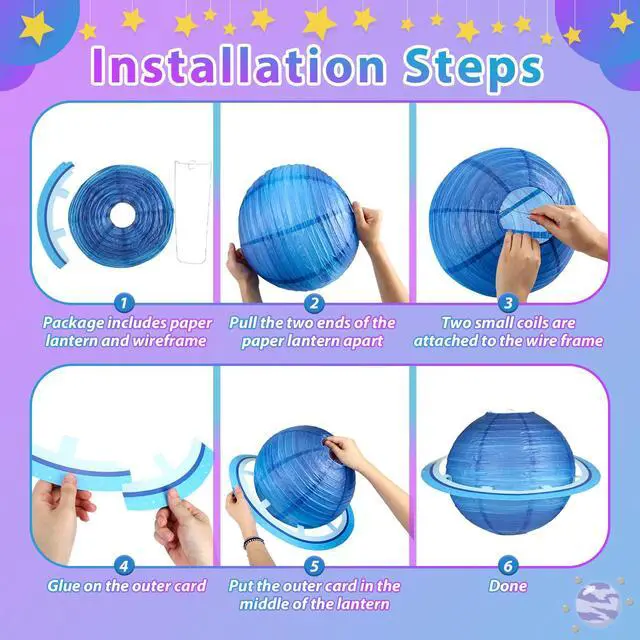 Alt view image 4 of 7 - 8pcs Planet Paper Lanterns, 12 Inch Outer Space Party Decorations | Solar System Hanging Planets Lantern, for Kids, Space Theme Party, Birthday Room Decorations