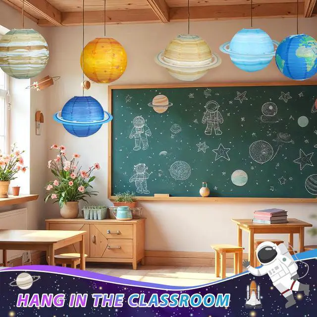 Alt view image 5 of 7 - 8pcs Planet Paper Lanterns, 12 Inch Outer Space Party Decorations | Solar System Hanging Planets Lantern, for Kids, Space Theme Party, Birthday Room Decorations