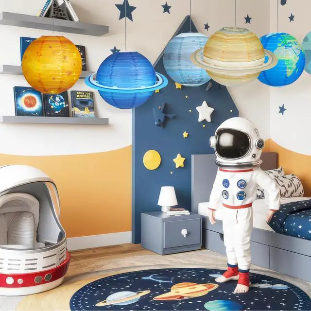 Alt view image 7 of 7 - 8pcs Planet Paper Lanterns, 12 Inch Outer Space Party Decorations | Solar System Hanging Planets Lantern, for Kids, Space Theme Party, Birthday Room Decorations